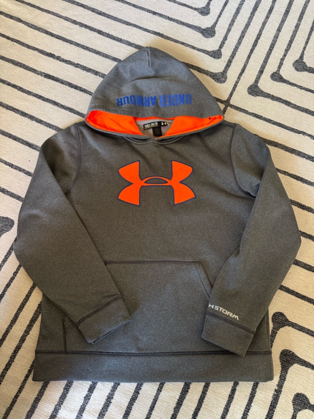 Under Armour Heather Gray Hoodie with Bright Orange Lining and Blue Logo